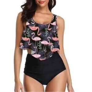 TROPICAL FLAMINGO FLOUNCE TANKINI  TWO PIECE SWIMSUIT